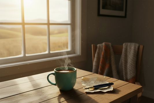 Warming scene of a hot cup of tea by a window