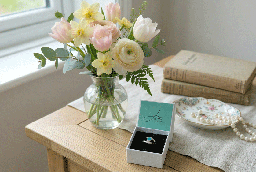 Handmade ashes in glass memorial ring in an Ashes by Victoria jewellery box (UK)