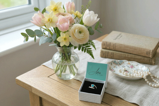 Handmade ashes in glass memorial ring in an Ashes by Victoria jewellery box (UK)